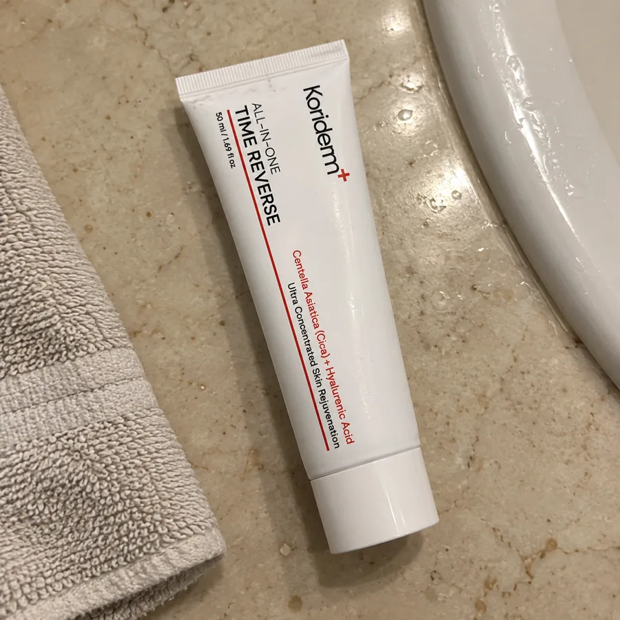 Koriderm Anti-Aging Cream on a bathroom vanity